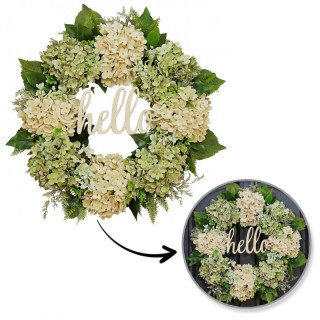 Jesenski venec s hortenzijami in napisom POZDRAVLJENO