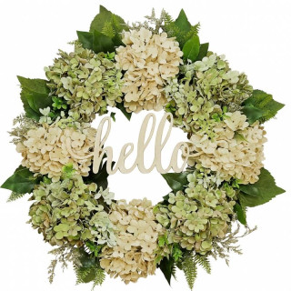 Jesenski venec s hortenzijami in napisom POZDRAVLJENO