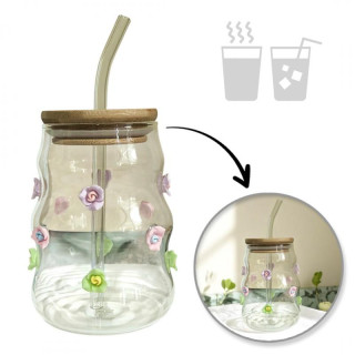 Stekleni lonček iz valovitega stekla s cvetjem, slamico in pokrovom - 450 ml