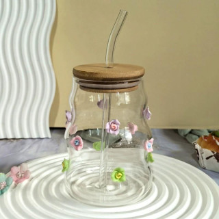 Stekleni lonček iz valovitega stekla s cvetjem, slamico in pokrovom - 450 ml