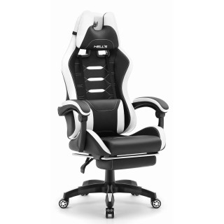 Belo-črni igralni stol HELLS CHAIR z oporo za noge