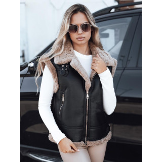 Ženski črni usnjen telovnik s krznom TY5251