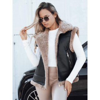 Ženski črni usnjen telovnik s krznom TY5251