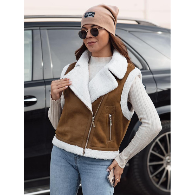 Ženski rjav semiš telovnik s krznom TY4741