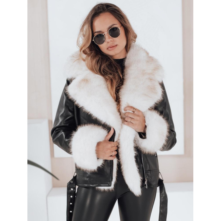 Črna ženska usnjena jakna s krznom TY5122