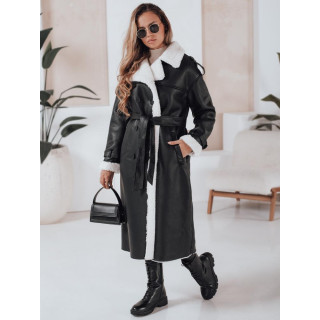Črn dolg ženski usnjen plašč TY4991