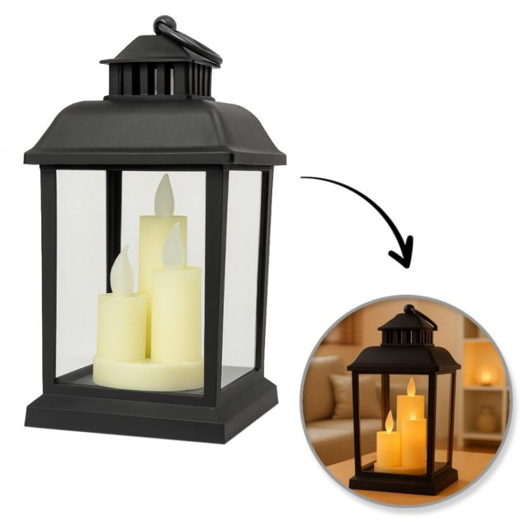 Črna LED svetilka z imitacijo sveče 12 x 23 cm