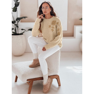 Ženski pulover krem barve s cvetličnim vezenjem MY2546