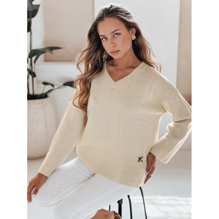 Ženski ecru pulover z V-izrezom MY2517