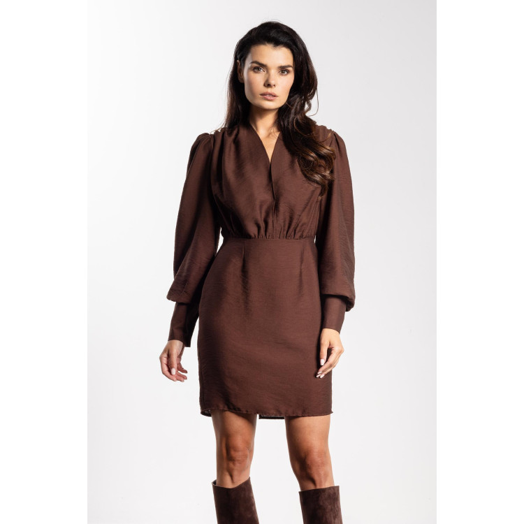 Ženska čokoladna obleka z V-izrezom