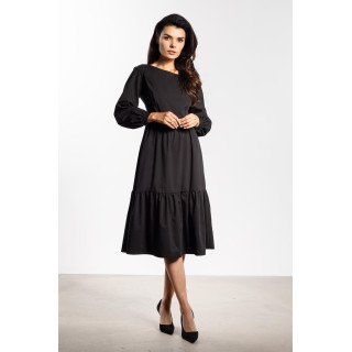 Ženska črna razprta obleka z volančki