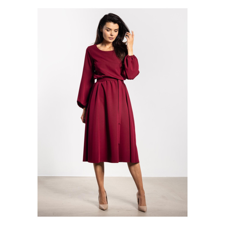 Ženska bordo midi obleka s pasom