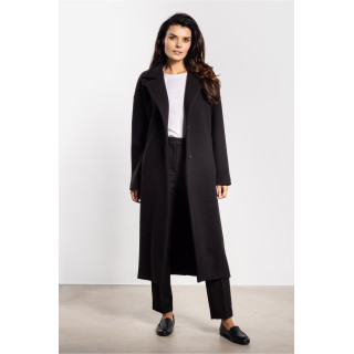 Dolg črn ženski plašč s pasom