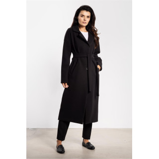 Dolg črn ženski plašč s pasom