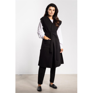 Črn dolg flis brezrokavnik s pasom