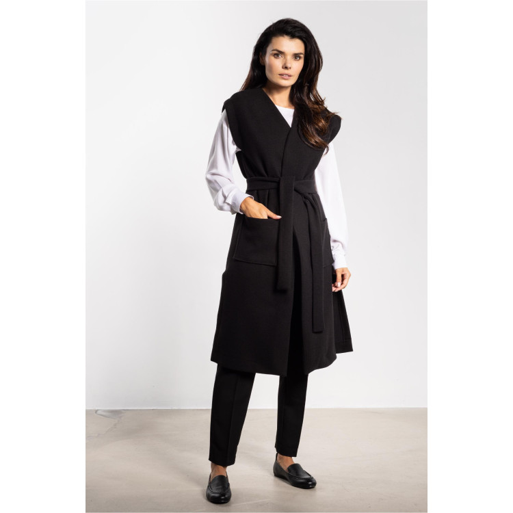 Črn dolg flis brezrokavnik s pasom