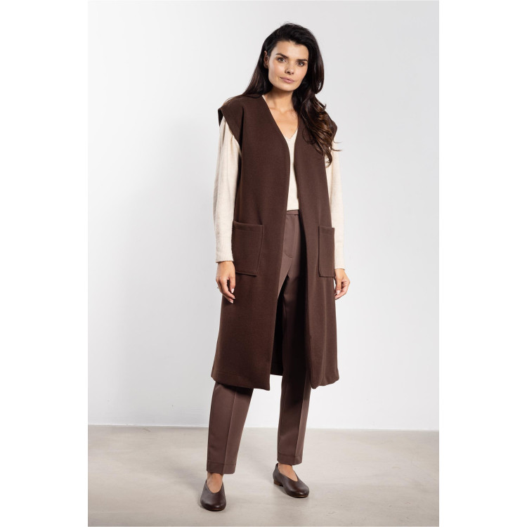 Rjav dolg flis brezrokavnik s pasom