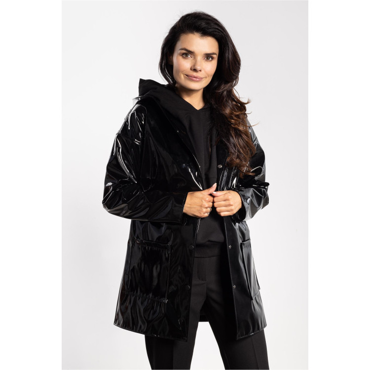 Črna ženska lateks jakna s kapuco