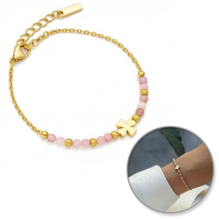 Pozlačena zapestnica z rožnatimi kamni in štiriperesno deteljico