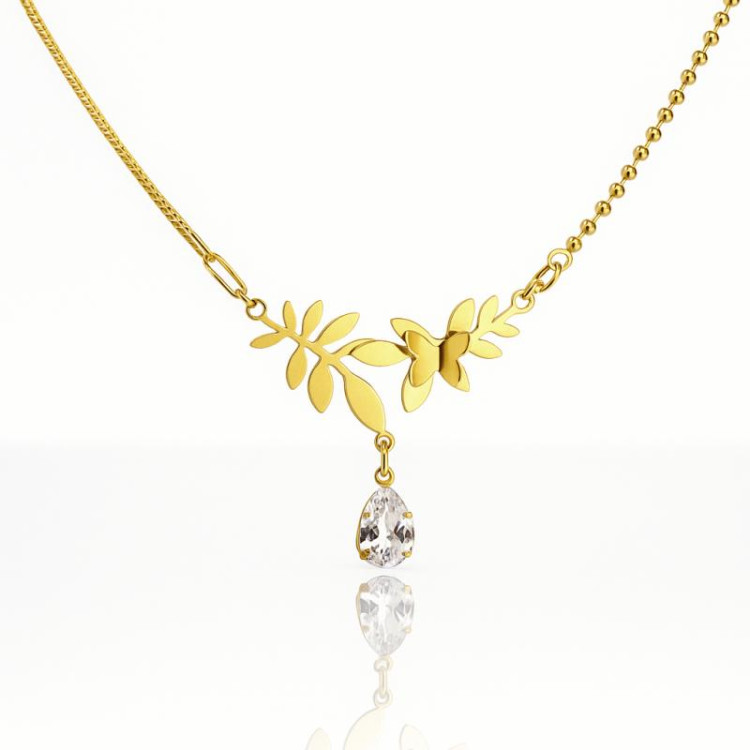 Pozlačena ogrlica z listi in cirkonom