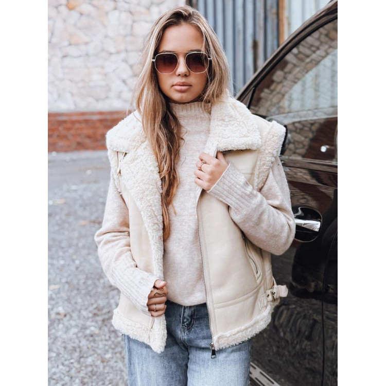 Ženski usnjen telovnik s krznom bež barve TY5238