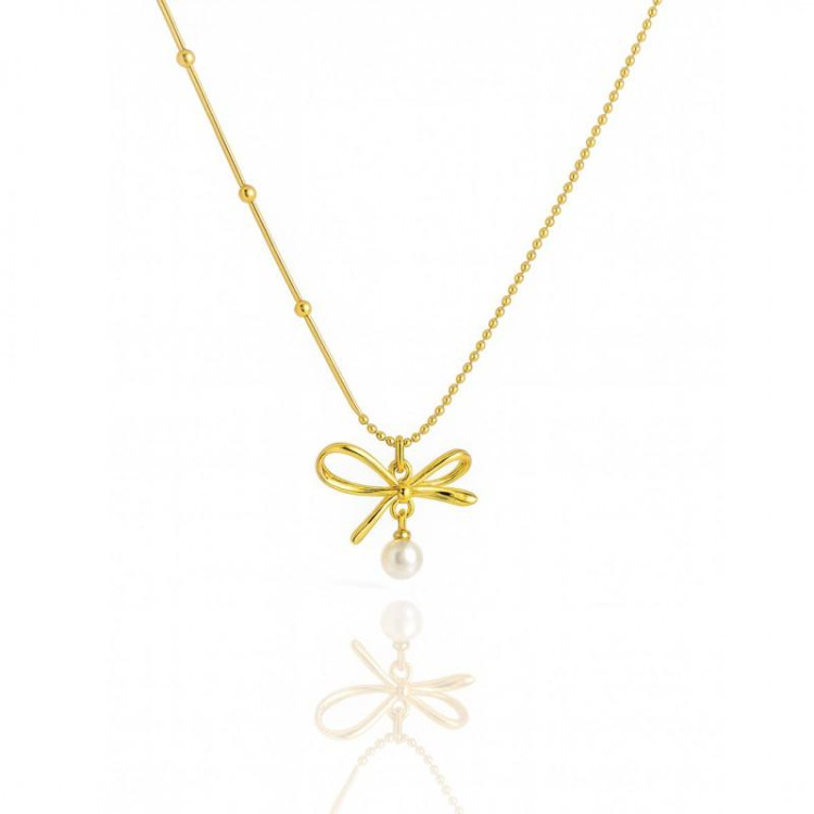 Ženska pozlačena ogrlica z pentljo in biseri