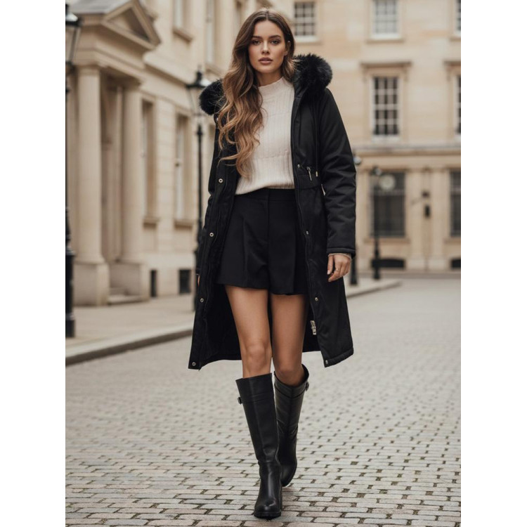 Ženska dolga črna parka s krznom TY5111