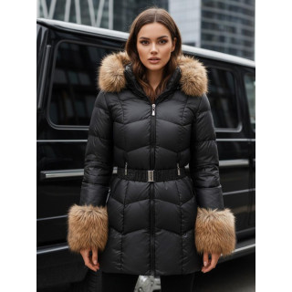 Ženska črna prešita jakna s pasom TY5320