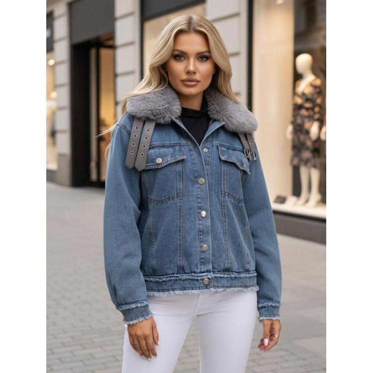Ženska modra jeans jakna s krznom TY4755z