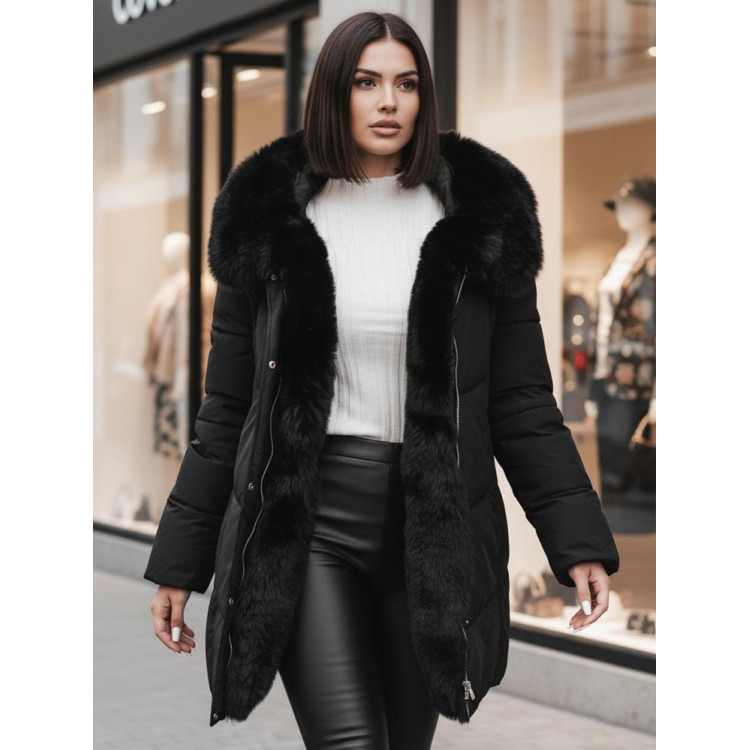 Črna dolga jakna s krznom TY4702z