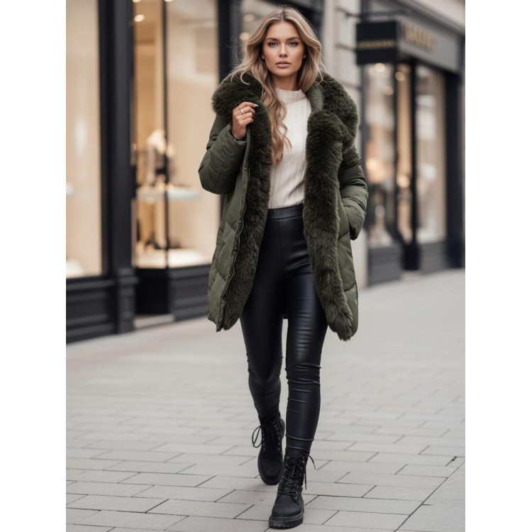 Dolga zelena ženska jakna s krznom TY4671z