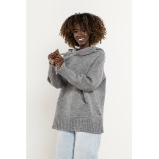Ženski siv volnen pulover s kapuco