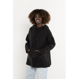 Temno siv volnen ženski pulover s kapuco