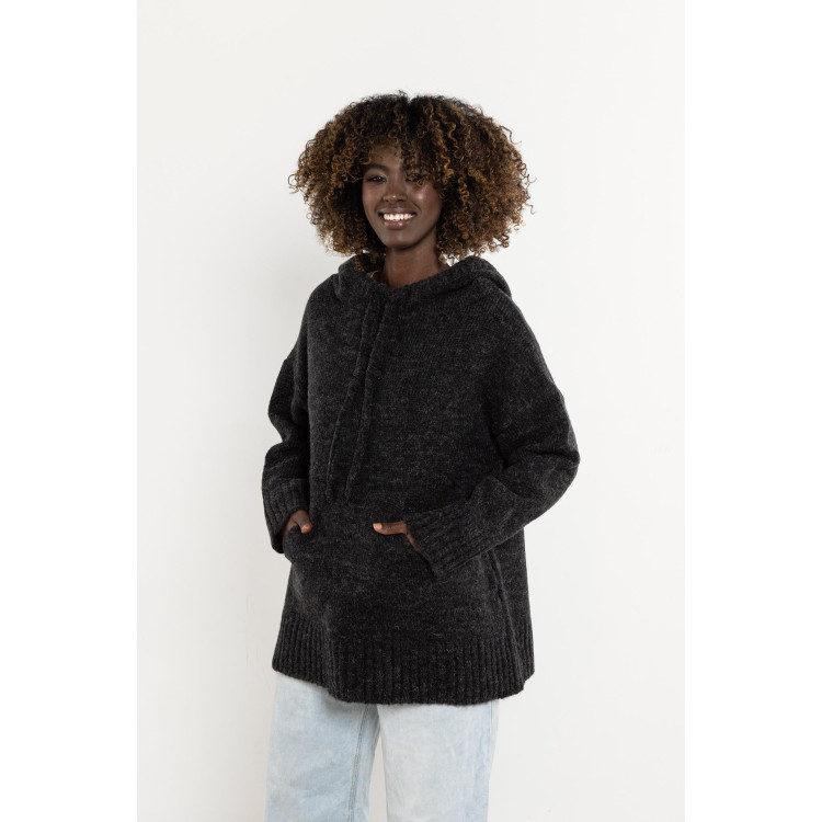 Temno siv volnen ženski pulover s kapuco