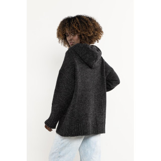 Temno siv volnen ženski pulover s kapuco
