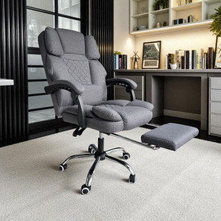 Pisarniški stol iz sive tkanine z naslonom za noge