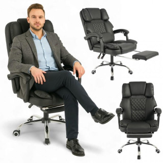 Črn usnjen pisarniški stol z naslonom za noge