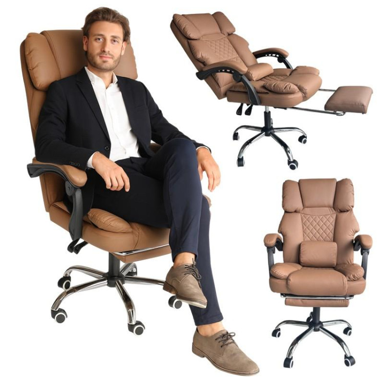 Pisarniški stol iz usnja s kavnim naslonom za noge