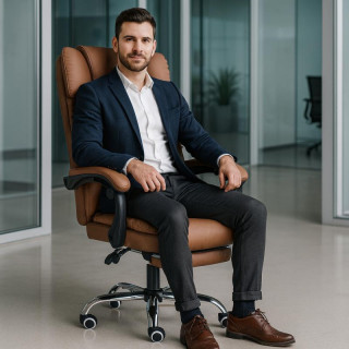 Pisarniški stol iz usnja s kavnim naslonom za noge