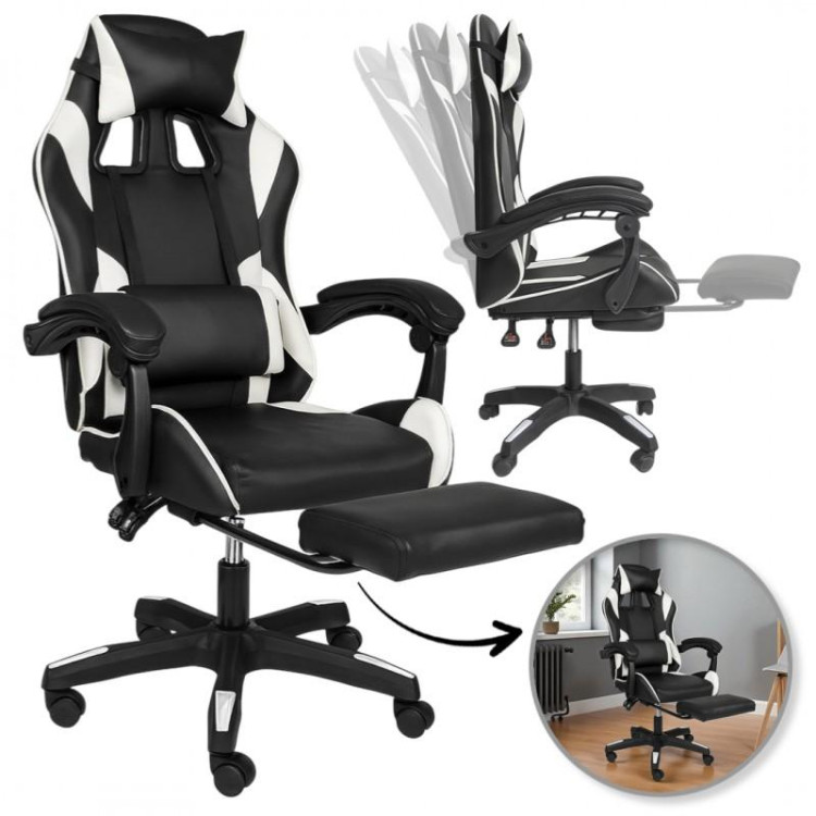 Črno-beli igralni stol z naslonom za noge