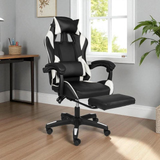 Črno-beli igralni stol z naslonom za noge