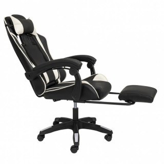 Črno-beli igralni stol z naslonom za noge