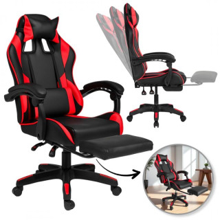 Črno-rdeč igralni stol z naslonom za noge