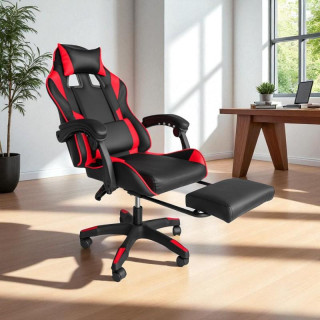 Črno-rdeč igralni stol z naslonom za noge