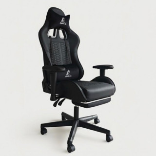 Črn usnjen igralni stol z naslonom za noge