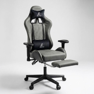 Siv usnjen igralni stol z naslonom za noge