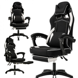 Črno-bel igralni stol iz blaga z naslonom za noge