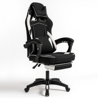 Črno-bel igralni stol iz blaga z naslonom za noge