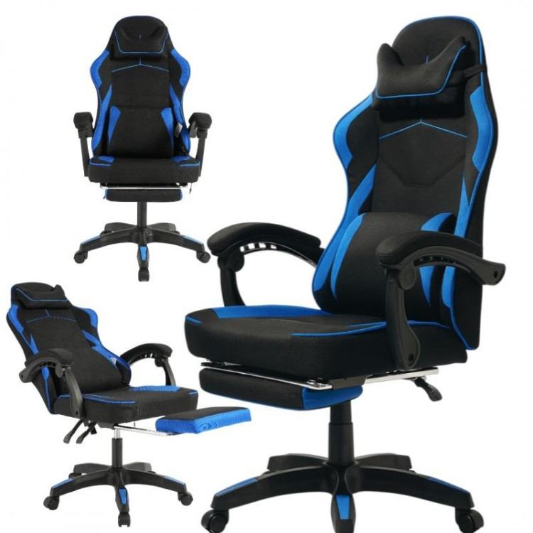 Črno-moder igralni stol iz blaga z naslonom za noge