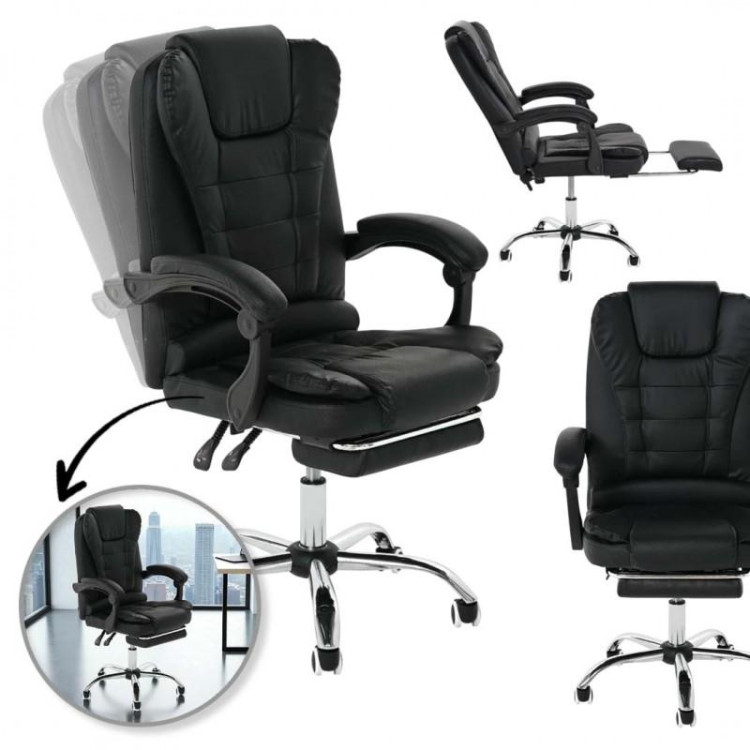 Črn usnjen pisarniški stol z naslonom za noge